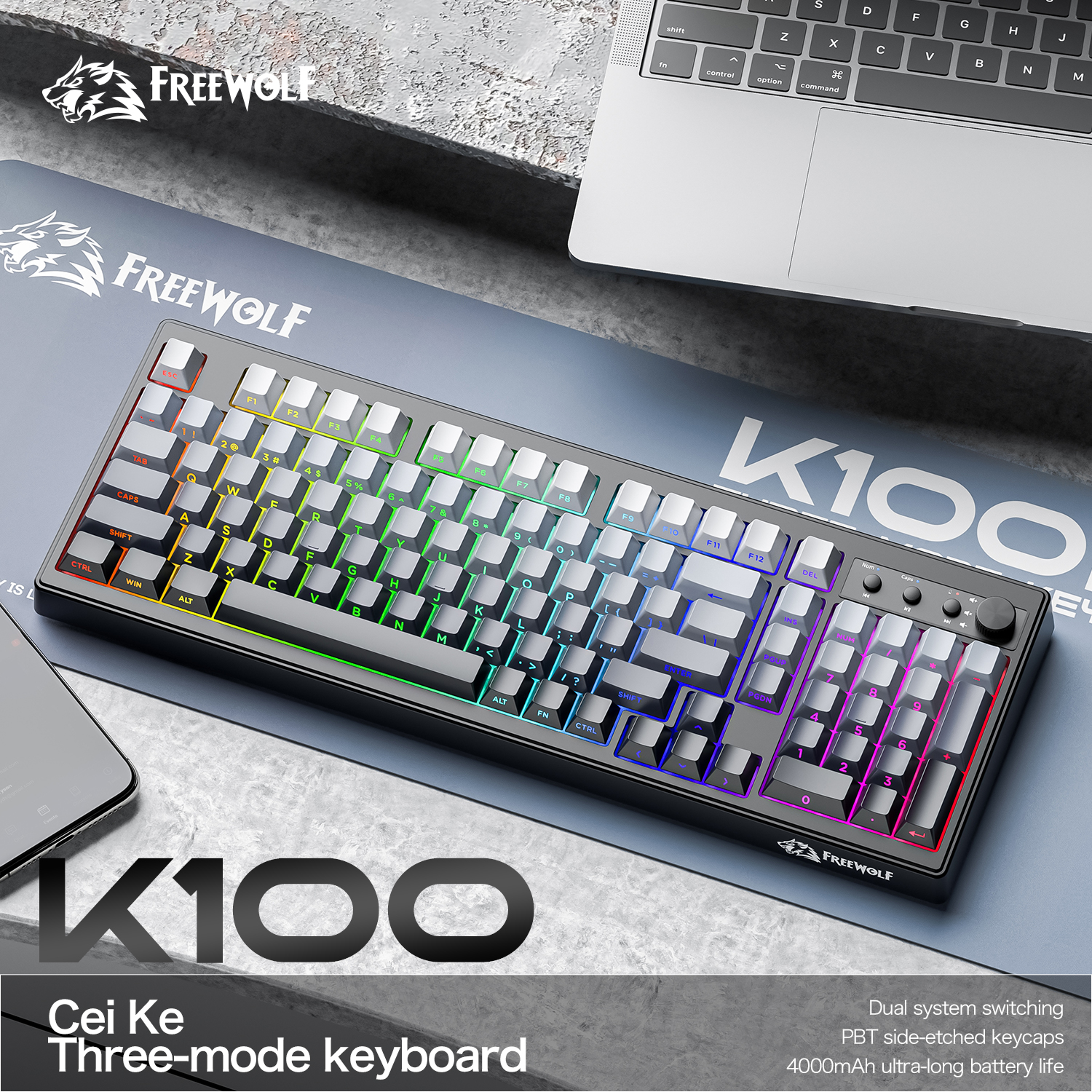 Keyboard Gaming Mac - FREEWOLF k100 three-mode silent gaming keyboard,
