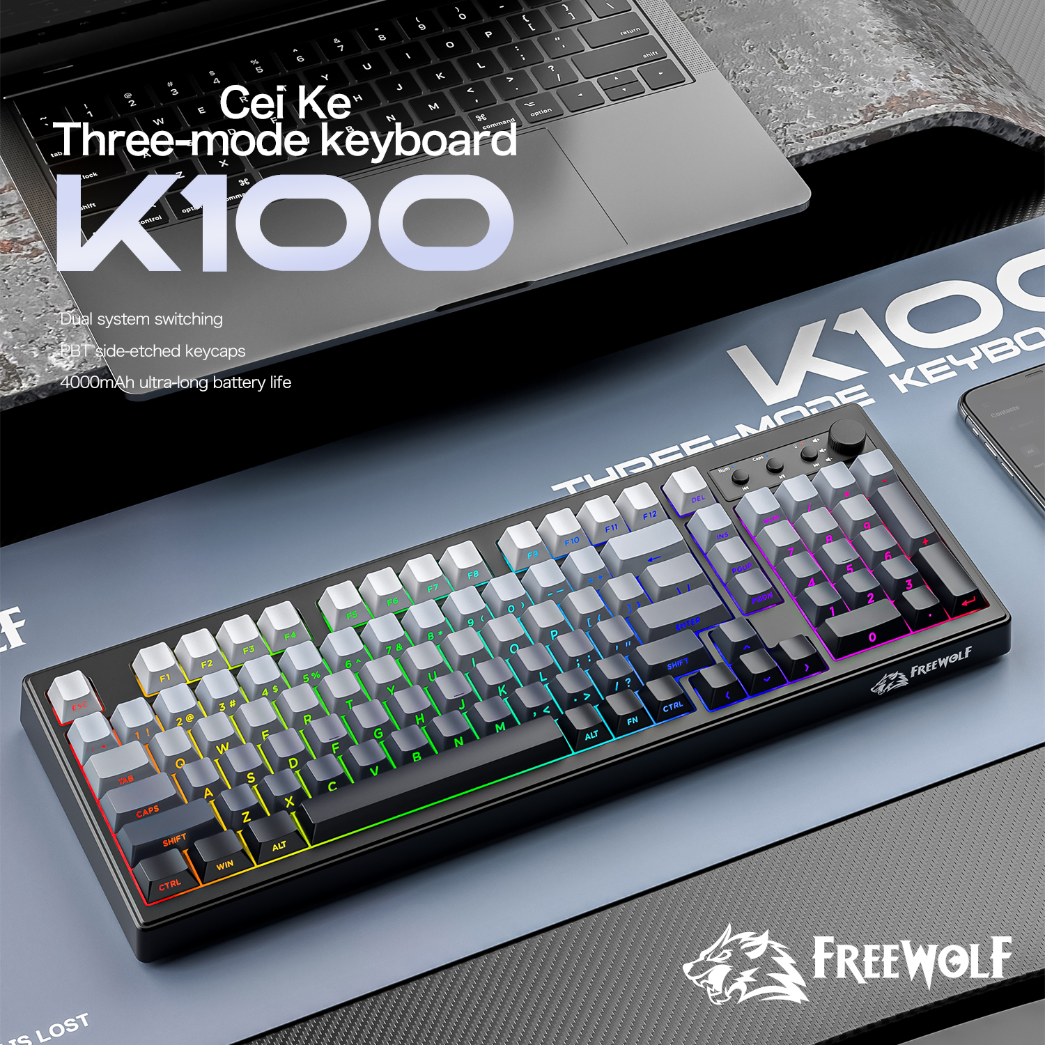 FREEWOLF k100 three-mode silen - مراجعة Keyboard Gaming Mac وسعره