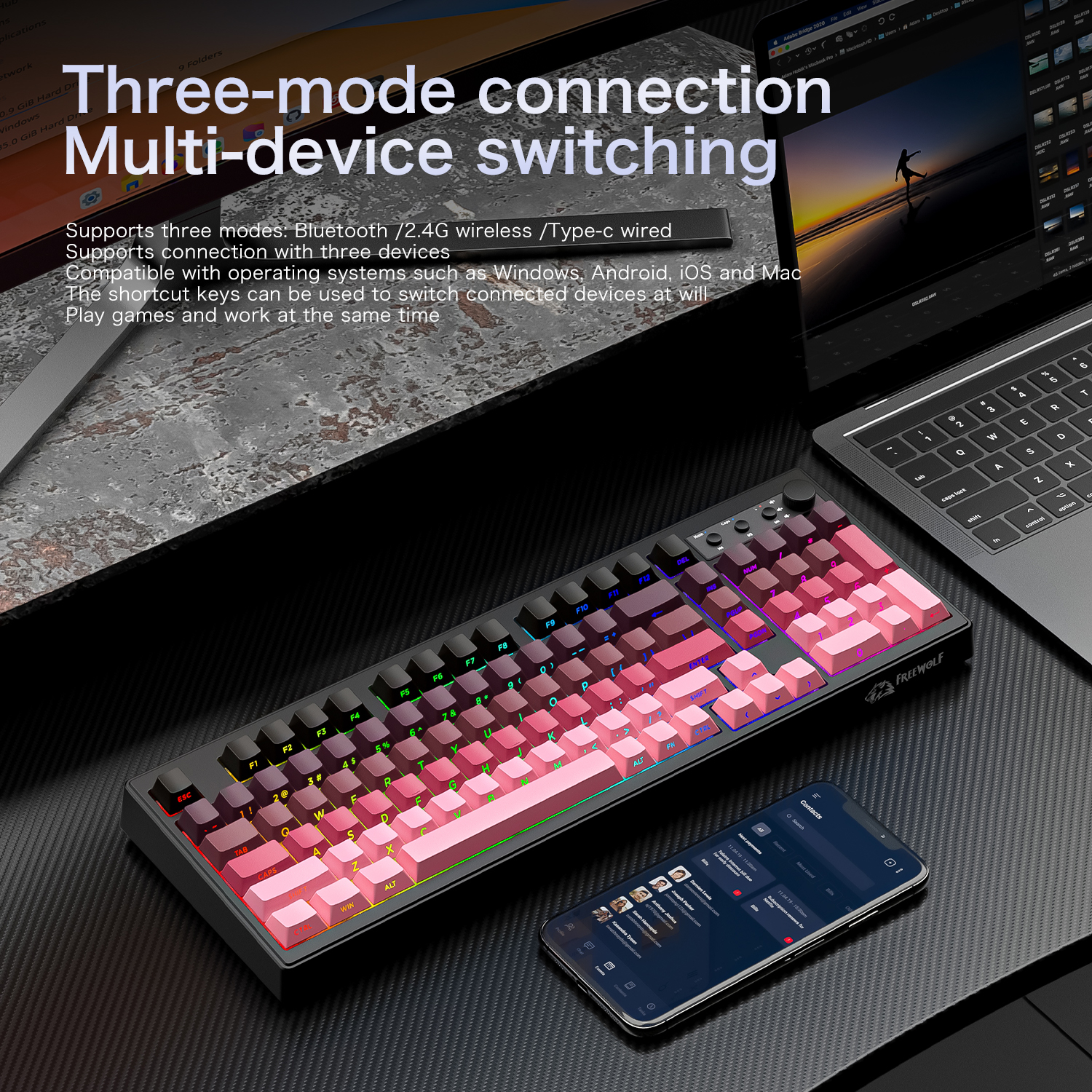 FREEWOLF k100 three-mode silen - مراجعة Keyboard Gaming Mac وسعره