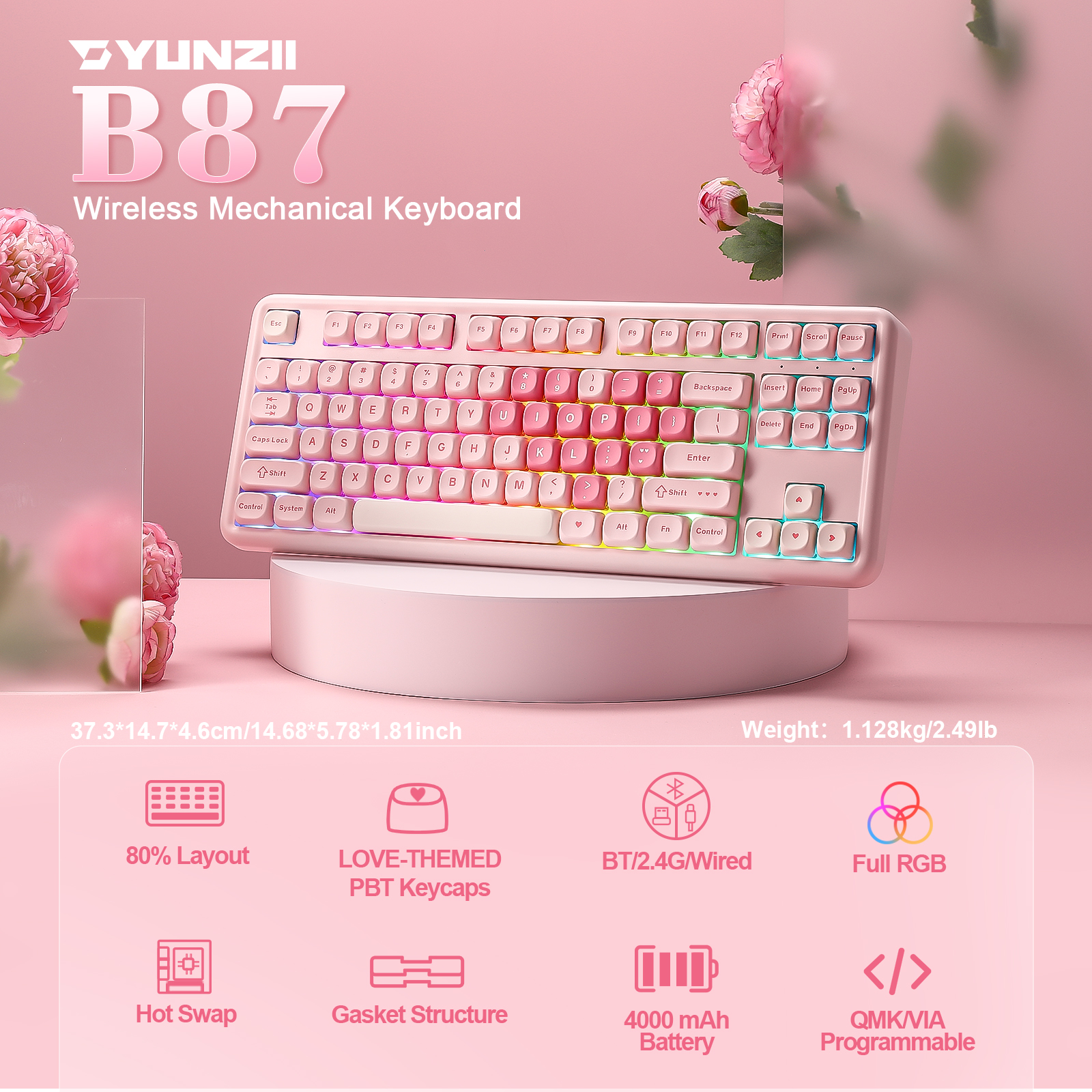 YUNZII B87 Pink Mechanical Gam - مراجعة Keyboard Gaming Mac وسعره
